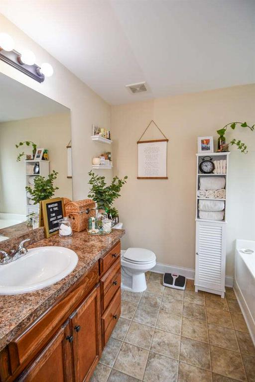 bathroom featuring vanity, a tub, and toilet