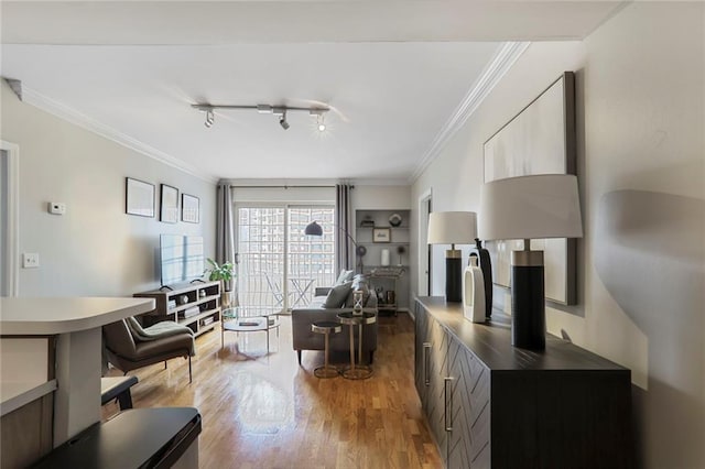 living area featuring light wood finished floors, ornamental molding, and track lighting