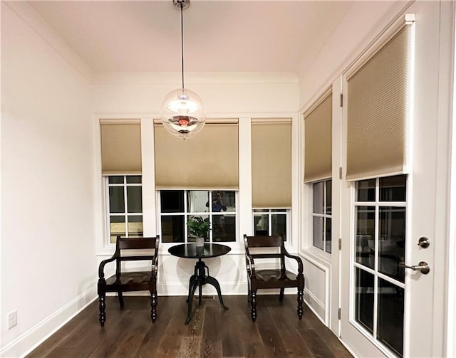 interior space featuring dark wood-type flooring and ornamental molding