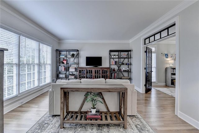 living room featuring crown molding, wood finished floors, and baseboards
