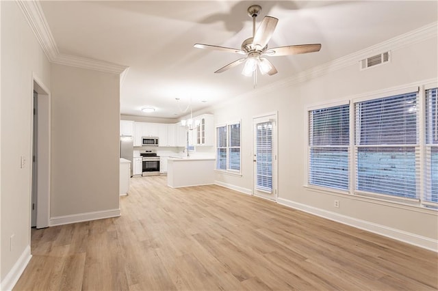 unfurnished living room with ornamental molding, light hardwood / wood-style floors, and ceiling fan with notable chandelier