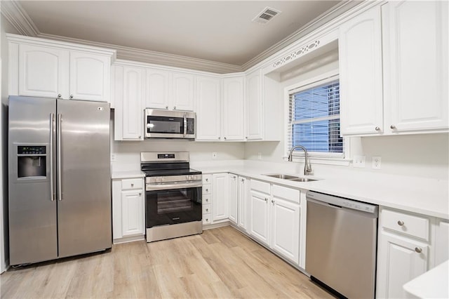 kitchen with sink, light wood-type flooring, white cabinets, and appliances with stainless steel finishes