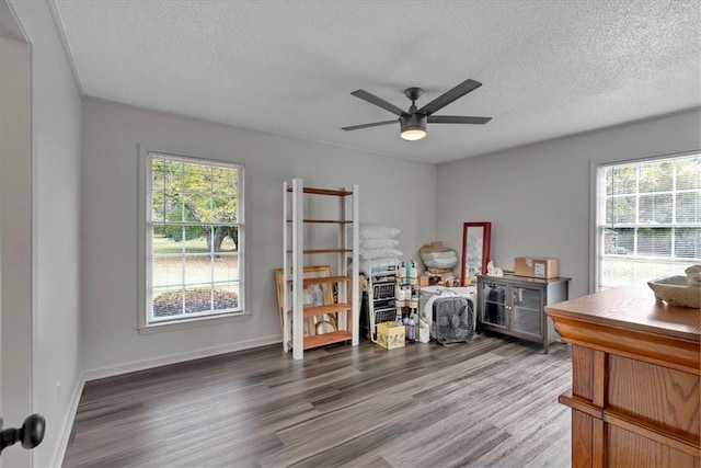 miscellaneous room with ceiling fan, a textured ceiling, dark hardwood / wood-style flooring, and plenty of natural light