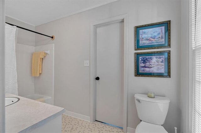 bathroom featuring vanity, toilet, and a shower with curtain