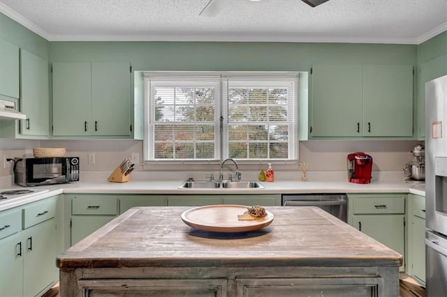 kitchen featuring sink, green cabinetry, and stainless steel appliances