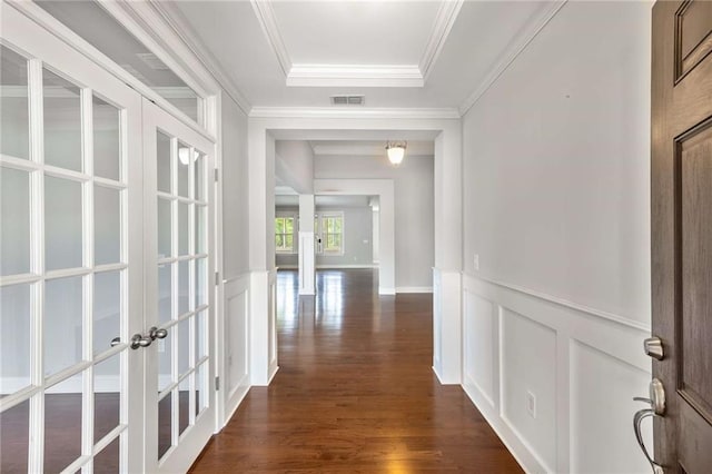 1374 Highland Wood Ct, Auburn, GA 30011 - corridor featuring french doors, a decorative wall, dark wood-style floors, ornamental molding, and a wainscoted wall