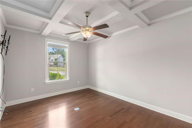 1374 Highland Wood Ct, Auburn, GA 30011 - empty room featuring coffered ceiling, baseboards, dark wood-type flooring, ceiling fan, and beam ceiling