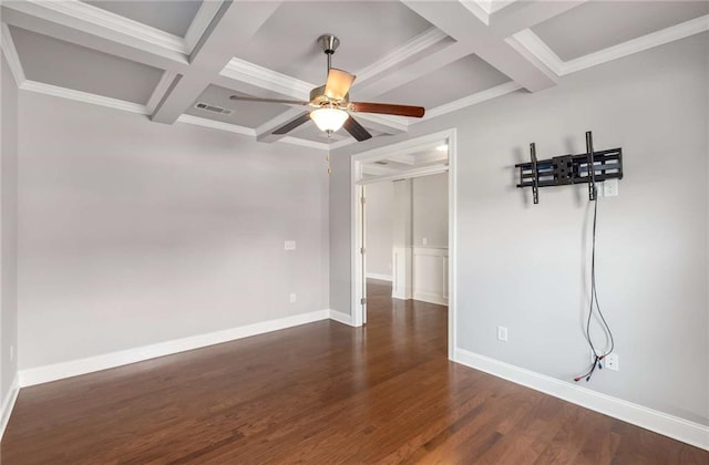 1374 Highland Wood Ct, Auburn, GA 30011 - spare room featuring coffered ceiling, beam ceiling, wood finished floors, baseboards, and ceiling fan