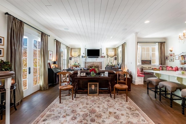 office space with wood ceiling, hardwood / wood-style flooring, and a fireplace