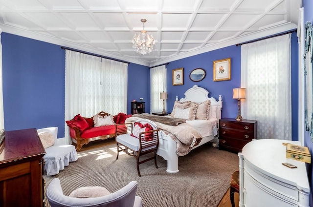 bedroom with a notable chandelier