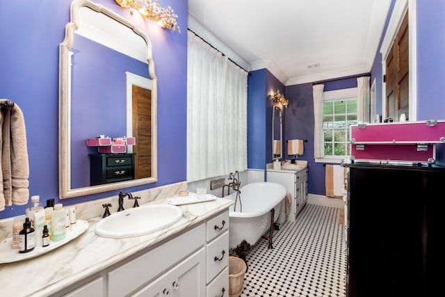 bathroom featuring a washtub, ornamental molding, and vanity