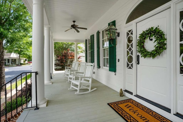 exterior space featuring ceiling fan and covered porch