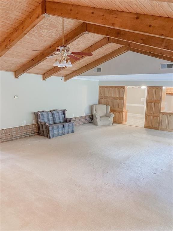 additional living space featuring vaulted ceiling with beams, ceiling fan, and wood ceiling