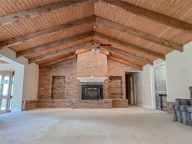 unfurnished living room with carpet floors and wooden ceiling