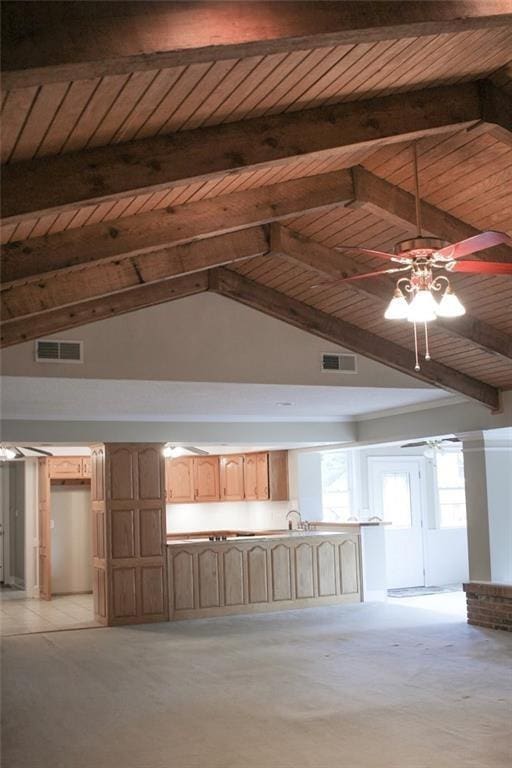 unfurnished living room featuring beamed ceiling, high vaulted ceiling, ceiling fan, and wood ceiling