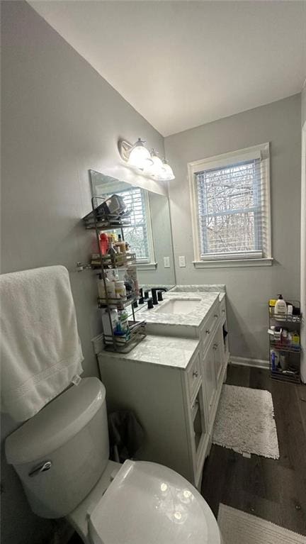 bathroom featuring hardwood / wood-style flooring, vanity, and toilet