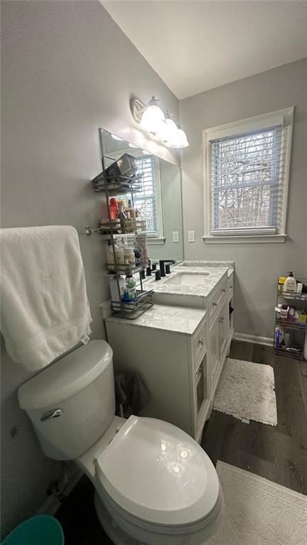 bathroom with vanity, hardwood / wood-style floors, lofted ceiling, and toilet