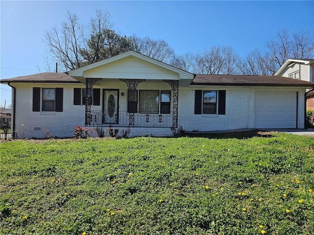 single story home with a front yard, a porch, and a garage