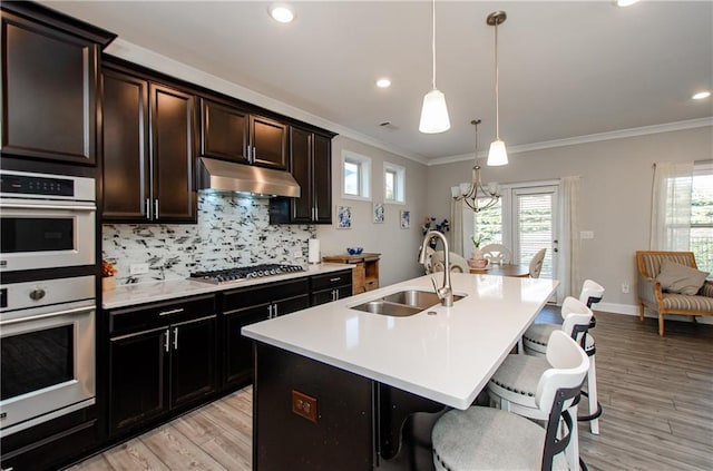 kitchen featuring backsplash, stainless steel appliances, sink, pendant lighting, and an island with sink