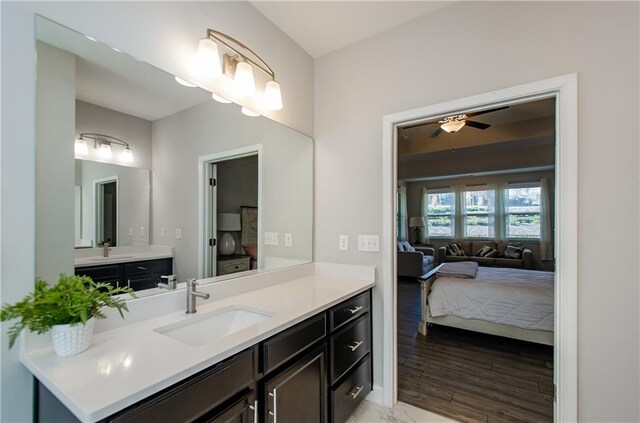 bathroom featuring vanity, ceiling fan, and wood-type flooring