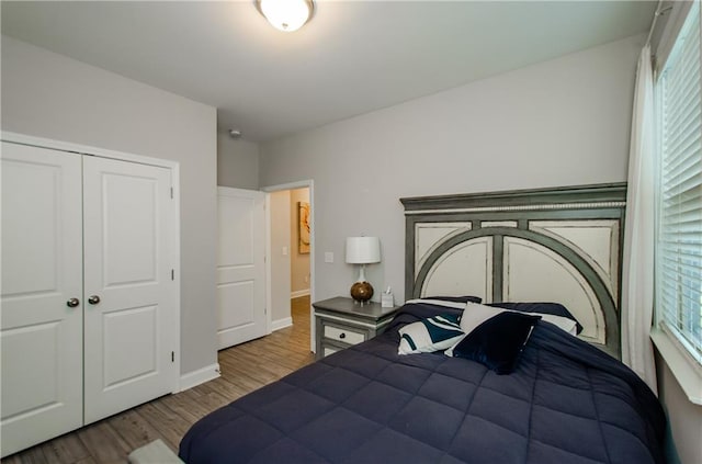 bedroom with wood-type flooring and a closet