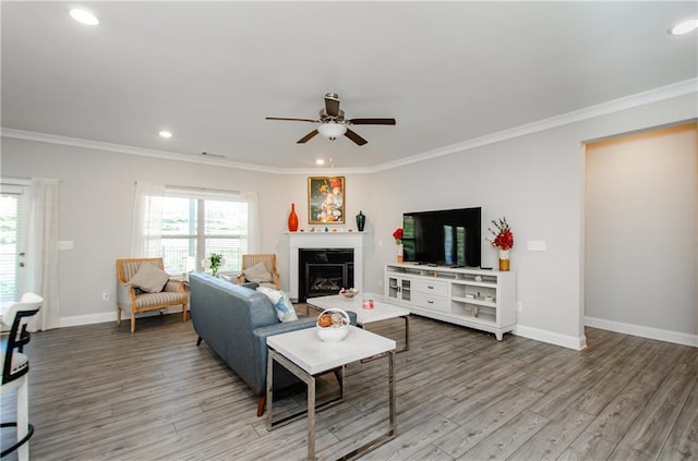 living room with ceiling fan, hardwood / wood-style floors, and ornamental molding