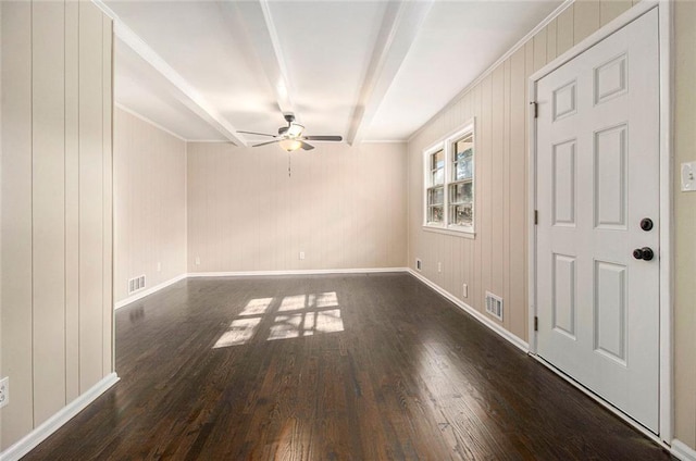 1207 Ellington Dr, Morrow, GA 30260 - entrance foyer with dark wood-style floors, beam ceiling, a ceiling fan, and baseboards