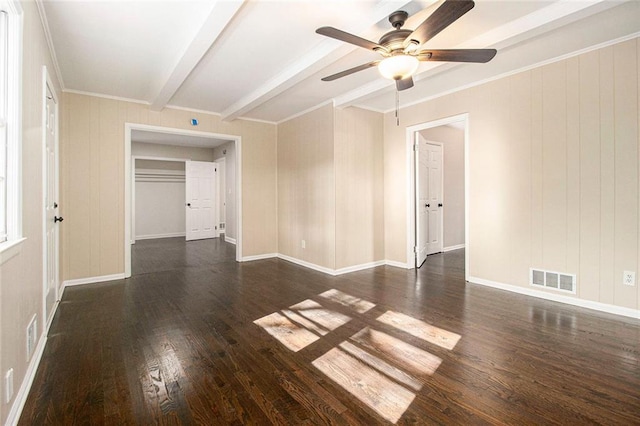 1207 Ellington Dr, Morrow, GA 30260 - unfurnished room with beamed ceiling, a ceiling fan, dark wood finished floors, and baseboards