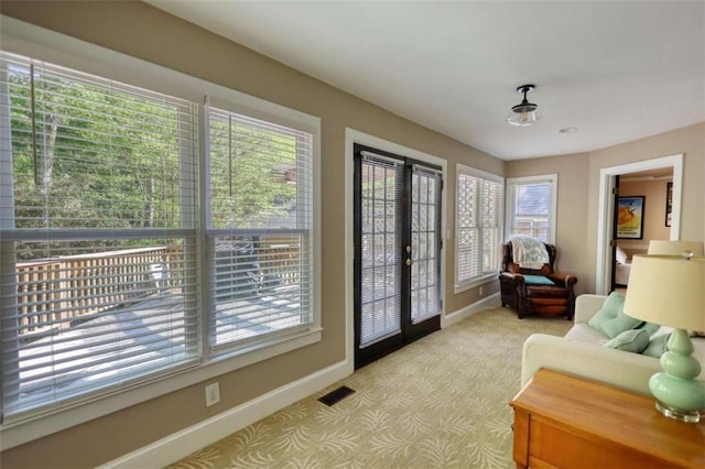 entryway with carpet floors, baseboards, and plenty of natural light