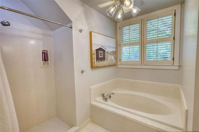 full bath with a shower, a garden tub, a ceiling fan, and tile patterned floors