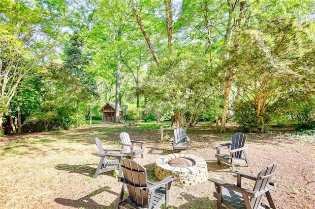 view of yard with a fire pit and an outbuilding