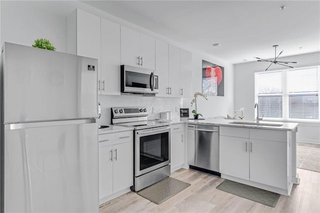 kitchen with stainless steel appliances, sink, white cabinetry, kitchen peninsula, and a chandelier