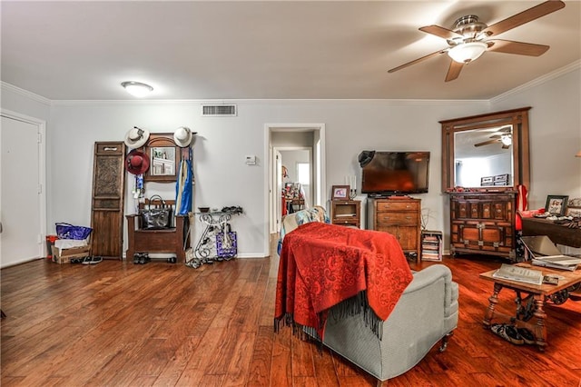 1111 Clairemont Ave Unit N5, Decatur, GA 30030 - living area with visible vents, a ceiling fan, crown molding, and wood finished floors