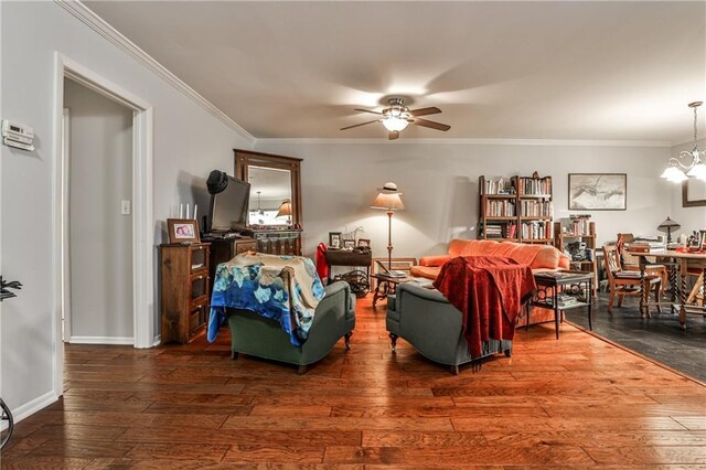 1111 Clairemont Ave Unit N5, Decatur, GA 30030 - living area with wood-type flooring, ornamental molding, baseboards, and ceiling fan with notable chandelier