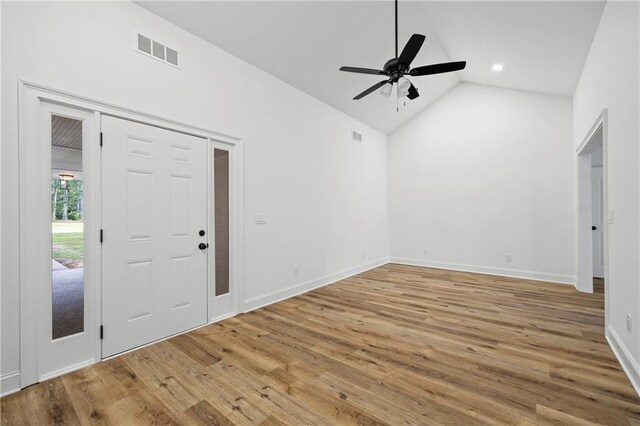 entryway featuring high vaulted ceiling, ceiling fan, and light hardwood / wood-style floors