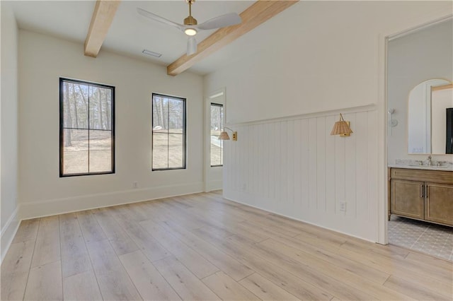 789 Old Mill Ct, Ball Ground, GA 30107 - empty room with beam ceiling, a sink, light wood-type flooring, a ceiling fan, and wainscoting