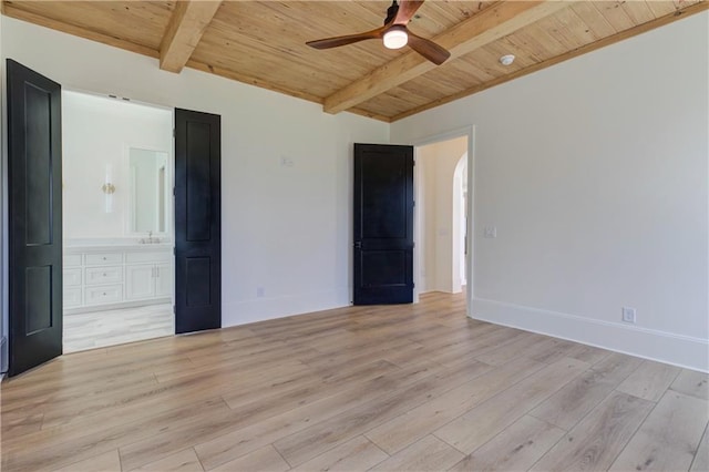 789 Old Mill Ct, Ball Ground, GA 30107 - unfurnished room with wood ceiling with exposed beams, ceiling fan, light wood finished floors, and baseboards