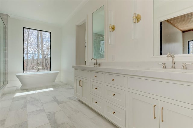 789 Old Mill Ct, Ball Ground, GA 30107 - bathroom with a shower stall, double vanity, a soaking tub, marble finish flooring, and crown molding