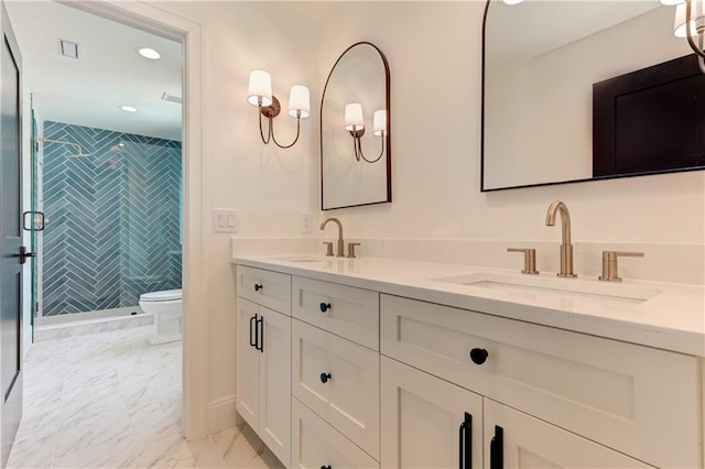 789 Old Mill Ct, Ball Ground, GA 30107 - bathroom featuring toilet, double vanity, marble look tiles, a shower stall, and recessed lighting