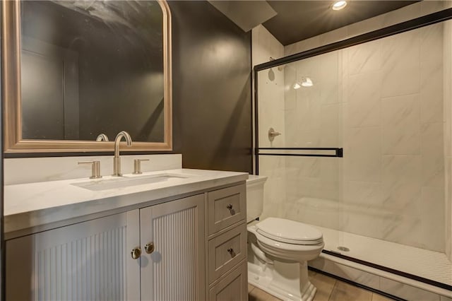 789 Old Mill Ct, Ball Ground, GA 30107 - full bath with a baseboard radiator, a shower stall, toilet, vanity, and recessed lighting