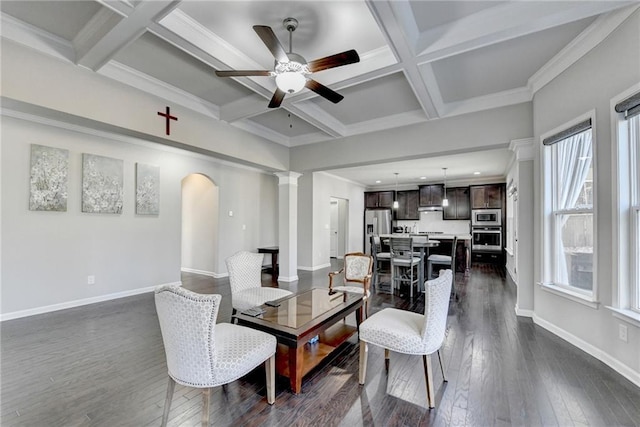 dining space with dark hardwood / wood-style floors, a healthy amount of sunlight, ceiling fan, and coffered ceiling