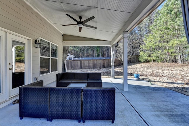 view of patio featuring ceiling fan and an outdoor hangout area