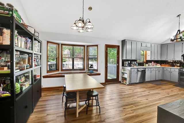 2775 Whippoorwill Cir, Duluth, GA 30097 - kitchen featuring dishwasher, vaulted ceiling, gray cabinetry, a chandelier, and light wood-style floors
