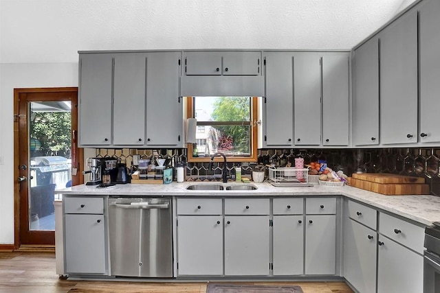 2775 Whippoorwill Cir, Duluth, GA 30097 - kitchen featuring stainless steel dishwasher, a textured ceiling, gray cabinetry, and light wood-style floors