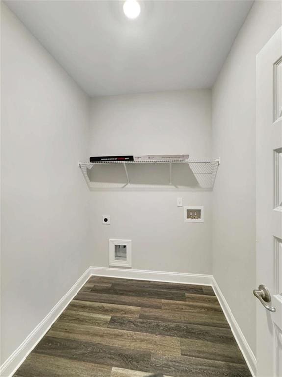 laundry room with hookup for a washing machine, laundry area, baseboards, dark wood-style floors, and electric dryer hookup