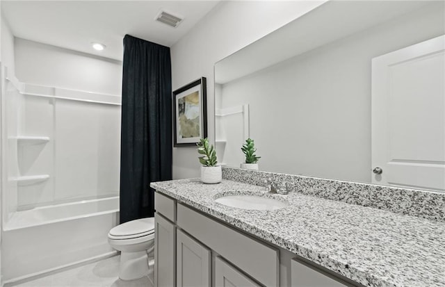 3071 Birdsong Ave, Covington, GA 30016 - bathroom featuring toilet, vanity, visible vents, tile patterned floors, and shower / bath combo