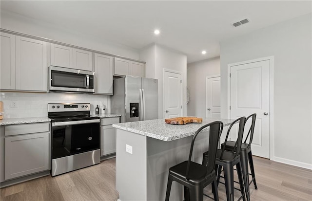3071 Birdsong Ave, Covington, GA 30016 - kitchen with stainless steel appliances, visible vents, decorative backsplash, gray cabinetry, and light wood-type flooring