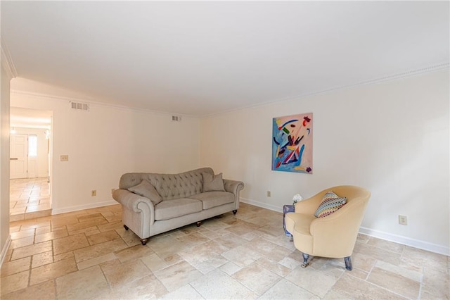 4101 Dunwoody Club Dr Unit 49, Atlanta, GA 30350 - living area with stone tile floors, baseboards, visible vents, and ornamental molding