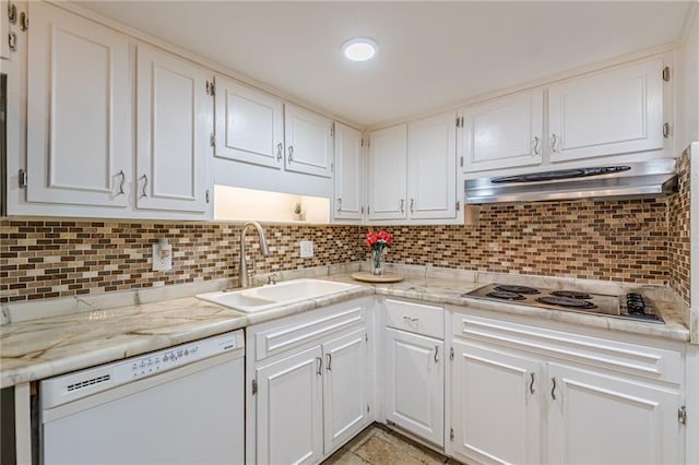 4101 Dunwoody Club Dr Unit 49, Atlanta, GA 30350 - kitchen with white dishwasher, a sink, white cabinets, black electric stovetop, and under cabinet range hood