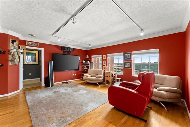 living room with a textured ceiling, crown molding, hardwood / wood-style floors, and track lighting